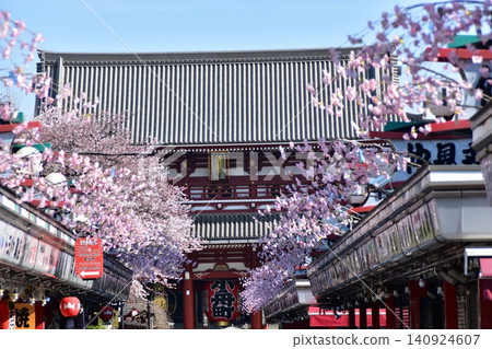 Tokyo, Japan: The Hozomon Gate of Senso-ji Temple and a giant lantern inscribed with "Kobunacho," the Nakamise shopping street in spring, and a roof decorated with artificial cherry blossoms. Tokyo, Japan: The Hozomon Gate of Senso-ji Temple and a giant lantern inscribed with "Kobunacho," the Nakamise shopping street in spring, and a roof decorated with artificial cherry blossoms. 140924607