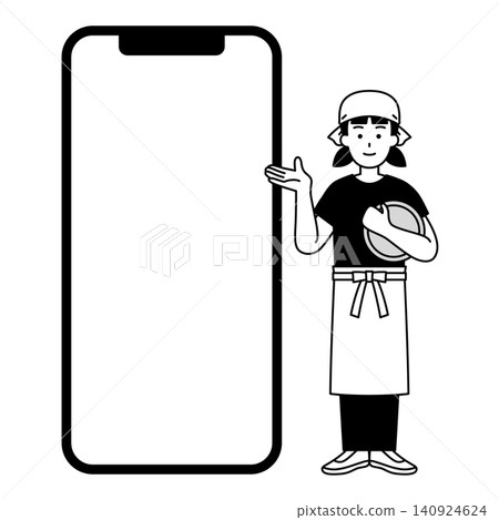 A large, blank smartphone screen and a female bartender giving directions. A large, blank smartphone screen and a female bartender giving directions. 140924624