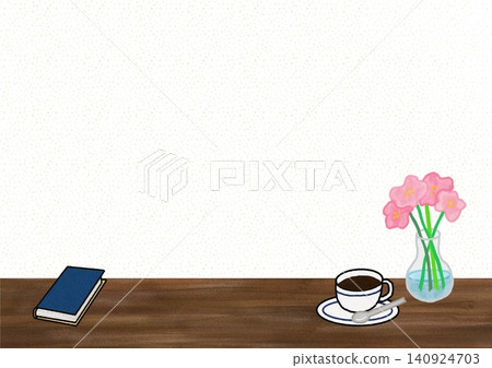 A wooden table with coffee, a book, and pink flowers (copy space texture background) A wooden table with coffee, a book, and pink flowers (copy space texture background) 140924703