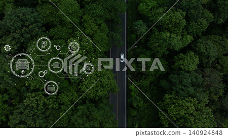Electric vehicle or EV electrical energy for environment on forest road, Sustainable energy transportation, Electric car and EV electric energy for environment. Electric vehicle or EV electrical energy for environment on forest road, Sustainable energy transportation, Electric car and EV electric energy for environment. 140924848