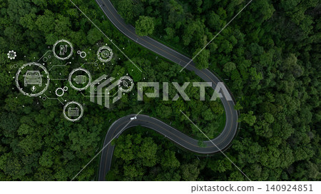 Electric vehicle or EV electrical energy for environment on forest road, Sustainable energy transportation, Electric car and EV electric energy for environment. Electric vehicle or EV electrical energy for environment on forest road, Sustainable energy transportation, Electric car and EV electric energy for environment. 140924851