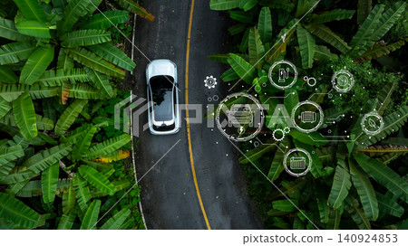 BEV car on forest road with battery electric vehicle energy graphic, Ecosystem ecology sustainable environment road trip travel, BEV car with nature, Battery electric vehicle car and white graphic. BEV car on forest road with battery electric vehicle energy graphic, Ecosystem ecology sustainable environment road trip travel, BEV car with nature, Battery electric vehicle car and white graphic. 140924853