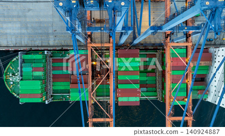Aerial view container ship loaded with cargo box at commercial port terminal, Global business logistic international trade maritime transportation by container ship, Container ship at commercial port. Aerial view container ship loaded with cargo box at commercial port terminal, Global business logistic international trade maritime transportation by container ship, Container ship at commercial port. 140924887