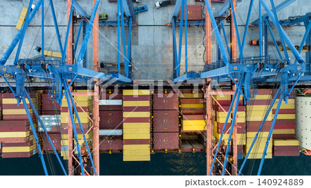 Aerial view container ship loaded with cargo box at commercial port terminal, Global business logistic international trade maritime transportation by container ship, Container ship at commercial port. Aerial view container ship loaded with cargo box at commercial port terminal, Global business logistic international trade maritime transportation by container ship, Container ship at commercial port. 140924889
