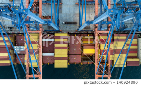 Aerial view container ship loaded with cargo box at commercial port terminal, Global business logistic international trade maritime transportation by container ship, Container ship at commercial port. Aerial view container ship loaded with cargo box at commercial port terminal, Global business logistic international trade maritime transportation by container ship, Container ship at commercial port. 140924890