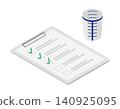 Illustrations of an isometric clipboard checklist and a urine sample cup. 140925095