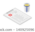 An illustration of an isometric medical chart and a urine sample cup. 140925096