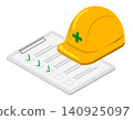 Illustration of an isometric yellow safety helmet and a checklist. 140925097