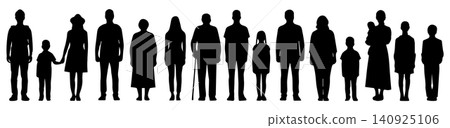Front view of silhouettes of men and women of all ages lined up in a row - black Front view of silhouettes of men and women of all ages lined up in a row - black 140925106