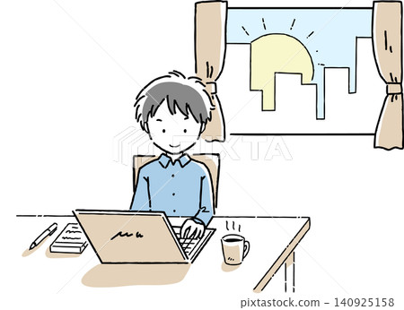 一幅插圖，描繪了一名男子每天早晨在電腦前工作。 140925158