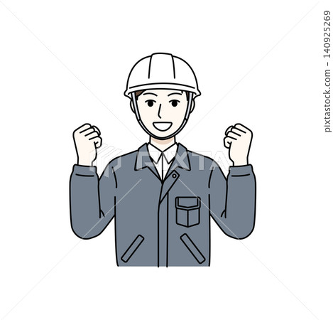 Male worker, helmet, gray work clothes, making a victory pose. Male worker, helmet, gray work clothes, making a victory pose. 140925269