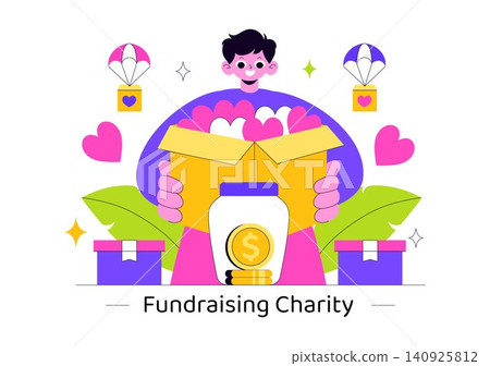 Fundraising Charity Vector Illustration Featuring Donation, Nonprofit Giving, Community Support, Volunteer Fundraising, Charity Box, and Financial Aid 140925812