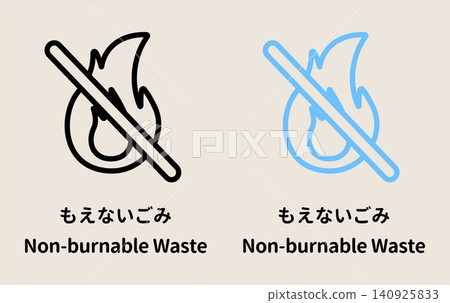 一套簡單的圖標插圖,配有英文和日文標籤,用於對不可燃垃圾進行分類和收集。 一套簡單的圖標插圖,配有英文和日文標籤,用於對不可燃垃圾進行分類和收集。 140925833