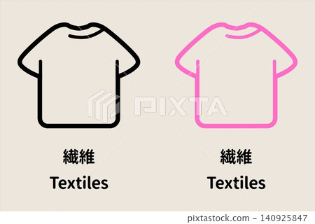 一組黑色和粉紅色的紡織品和服裝插圖，配有日文和英文文字，用於垃圾分類和資源回收。 140925847