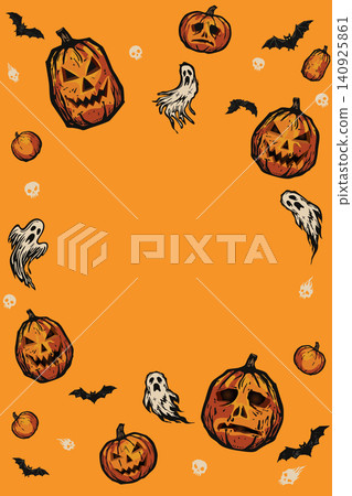 Halloween vertical poster with bats, pumpkins, ghosts and skulls on orange background have blank space. Halloween vertical poster with bats, pumpkins, ghosts and skulls on orange background have blank space. 140925861