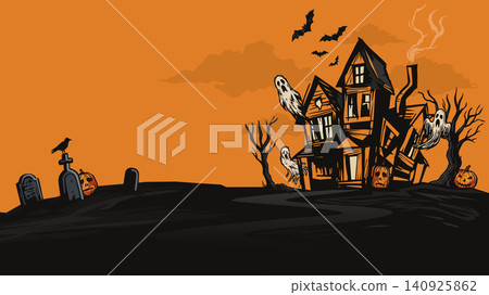 Halloween background with silhouette haunted mansion, dead tree, bats, pumpkins, ghosts, graveyard and sunset sky have blank space. Halloween background with silhouette haunted mansion, dead tree, bats, pumpkins, ghosts, graveyard and sunset sky have blank space. 140925862