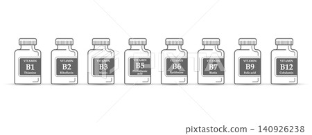 A set of bottles with the designations and names of B vitamins. Ideas for websites, apps, informational and medical materials, and printed materials A set of bottles with the designations and names of B vitamins. Ideas for websites, apps, informational and medical materials, and printed materials 140926238