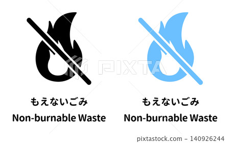 A set of simple icon illustrations with English and Japanese labels for sorting and collecting non-burnable waste. A set of simple icon illustrations with English and Japanese labels for sorting and collecting non-burnable waste. 140926244