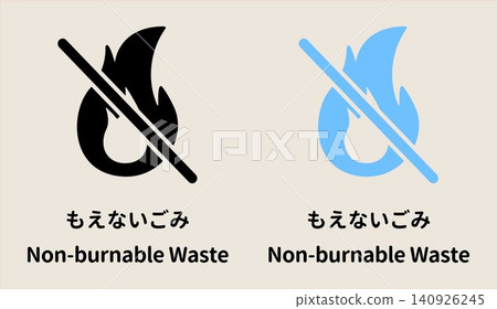 A set of simple icon illustrations with English and Japanese labels for sorting and collecting non-burnable waste. A set of simple icon illustrations with English and Japanese labels for sorting and collecting non-burnable waste. 140926245