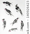 Collection of swallows in various elegant poses are rendered with delicate brushstrokes. 140926423