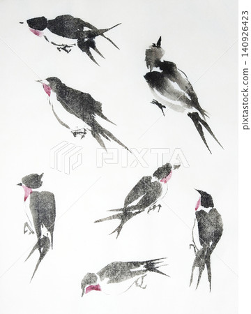 Collection of swallows in various elegant poses are rendered with delicate brushstrokes. Collection of swallows in various elegant poses are rendered with delicate brushstrokes. 140926423