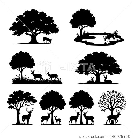 Deer and tree silhouette set for natural woodland landscape designs Deer and tree silhouette set for natural woodland landscape designs 140926508