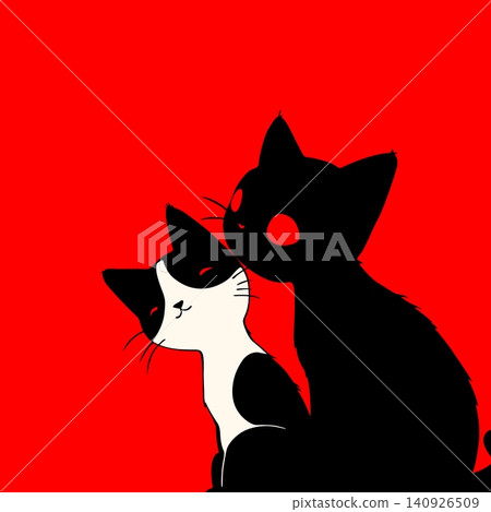 Lovely cats on red background, white and black cats love each other 140926509