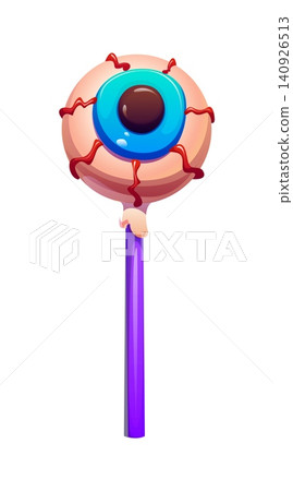 Cartoon monster treat Halloween sweet with glossy frosting and creepy eye design on purple wooden stick. Vector creepy eyeball lollipop candy with blue glaze, red veins, and brown pupil Cartoon monster treat Halloween sweet with glossy frosting and creepy eye design on purple wooden stick. Vector creepy eyeball lollipop candy with blue glaze, red veins, and brown pupil 140926513