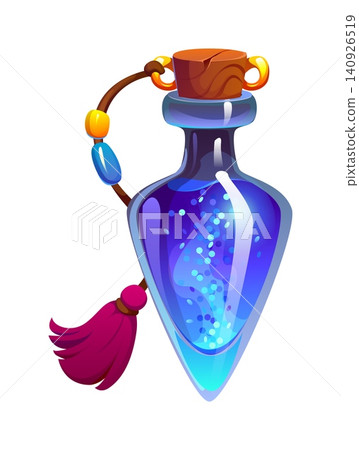 Cartoon magic potion bottle with glowing glitter sparkles and wooden cork, vector vial. Witch magic potion bottle with blue liquid spell or elixir drink for witchcraft and fairy alchemy or Halloween Cartoon magic potion bottle with glowing glitter sparkles and wooden cork, vector vial. Witch magic potion bottle with blue liquid spell or elixir drink for witchcraft and fairy alchemy or Halloween 140926519