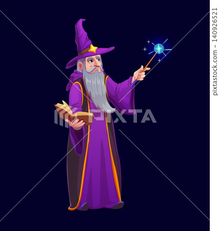 Halloween wizard sorcerer character with magic wand and spell book, cartoon vector game character. Halloween old wizard mage or magician in purple mantle cape and hat making spell with magic wand Halloween wizard sorcerer character with magic wand and spell book, cartoon vector game character. Halloween old wizard mage or magician in purple mantle cape and hat making spell with magic wand 140926521