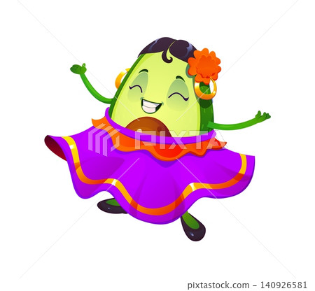 Avocado cartoon character dancing in Mexican dress on music fiesta of Mexico holiday party. Funny cartoon avocado girl in Mexican traditional dress with flower in hair dances with happy face and smile 140926581