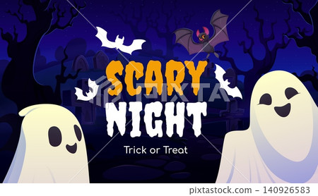 Spooky Halloween holiday banner with smiling ghosts, flying bats and creepy graveyard under the night sky, dark twisted trees and tombstones. Halloween trick or treat vector banner with funny ghosts Spooky Halloween holiday banner with smiling ghosts, flying bats and creepy graveyard under the night sky, dark twisted trees and tombstones. Halloween trick or treat vector banner with funny ghosts 140926583