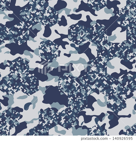 Seamless navy camouflage pattern with Pixel and Spots mixed Hex effect Seamless navy camouflage pattern with Pixel and Spots mixed Hex effect 140926595
