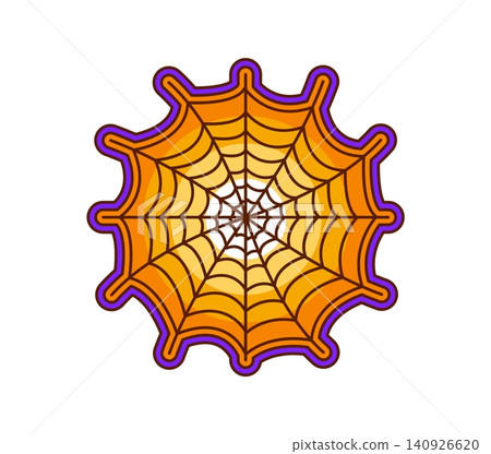 Funky retro Halloween spider cobweb. Groovy Halloween spider web in bright orange and purple circles for spooky party decor. Vector trippy insect trap with psychedelic vibe Funky retro Halloween spider cobweb. Groovy Halloween spider web in bright orange and purple circles for spooky party decor. Vector trippy insect trap with psychedelic vibe 140926620