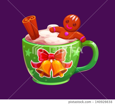 Christmas dessert drink cup with gingerbread man in hot chocolate or cocoa and eggnog. Christmas holiday drink mug with cartoon ginger cookie man and cinnamon stick in sweet cappuccino coffee cup Christmas dessert drink cup with gingerbread man in hot chocolate or cocoa and eggnog. Christmas holiday drink mug with cartoon ginger cookie man and cinnamon stick in sweet cappuccino coffee cup 140926638