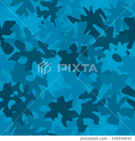 Denim blue camouflage seamless pattern. Classic camouflage stains with denim fabric texture. For clothing design. Denim blue camouflage seamless pattern. Classic camouflage stains with denim fabric texture. For clothing design. 140926642