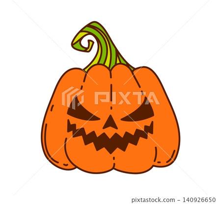 Groovy Halloween pumpkin character with carved grin, spooky triangular eyes and jagged smile. Autumn holiday pumpkin with sharp smile and psychedelic 70s look. Vector farm squash for Halloween holiday Groovy Halloween pumpkin character with carved grin, spooky triangular eyes and jagged smile. Autumn holiday pumpkin with sharp smile and psychedelic 70s look. Vector farm squash for Halloween holiday 140926650