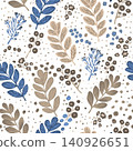 Floral seamless pattern design featuring blue and beige colored leaves. 140926651