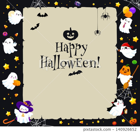 Halloween festive banner with kawaii ghosts, cobweb and old paper scroll parchment, cartoon vector. Happy Halloween holiday banner with pumpkin lantern, funny spooky ghosts and treat or trick candy Halloween festive banner with kawaii ghosts, cobweb and old paper scroll parchment, cartoon vector. Happy Halloween holiday banner with pumpkin lantern, funny spooky ghosts and treat or trick candy 140926652