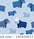 Vector blue color seamless pattern with cute hippos on blue field background 140926653