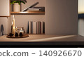 Cozy candle decoration on wooden table with warm home interior 140926670