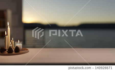 Burning candles with blurred lake background and copy space Burning candles with blurred lake background and copy space 140926671