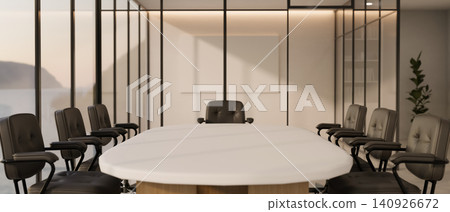 Modern conference room with long meeting table and glass walls 140926672