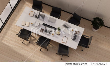 Top view conference table with laptops and office supplies Top view conference table with laptops and office supplies 140926675