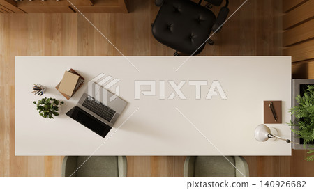 Top view executive office desk with laptop and large copy space 140926682