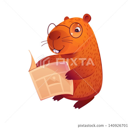 Capybara reading newspaper, cartoon funny animal character for kids kawaii design. Cute capybara with eyeglasses reads news magazine or journal book, cheerful cartoon animal or mascot character Capybara reading newspaper, cartoon funny animal character for kids kawaii design. Cute capybara with eyeglasses reads news magazine or journal book, cheerful cartoon animal or mascot character 140926701
