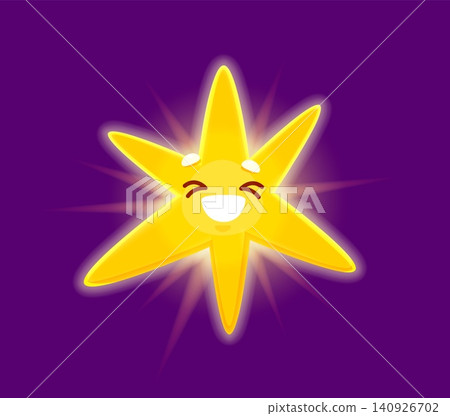Happy laughing star or cartoon cute mascot kawaii character with funny sunny face for kids icon. Star twinkling in night sky with smile and shiny starry beams of starlight for cartoon kawaii emoji Happy laughing star or cartoon cute mascot kawaii character with funny sunny face for kids icon. Star twinkling in night sky with smile and shiny starry beams of starlight for cartoon kawaii emoji 140926702