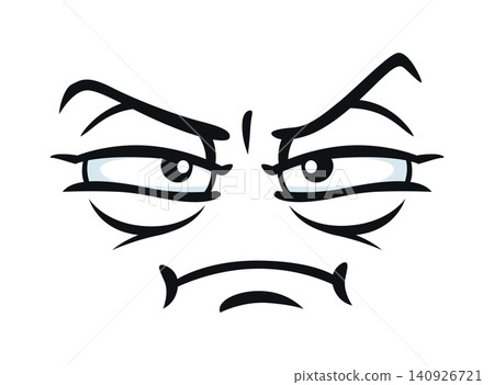 Frown face expression emoji with angry eyes emotion and skeptical look for cartoon emoticon icon. Face smile with googly eyes of suspicious, doubtful or gloomy face expression with brow raised up 140926721