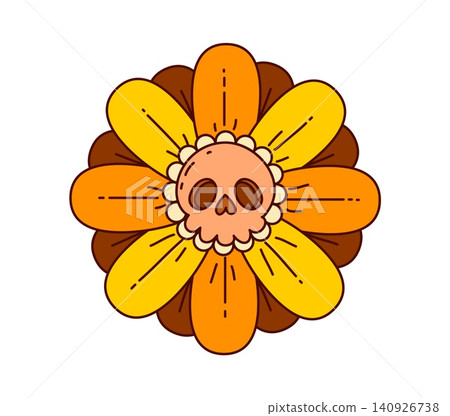 Groovy Halloween daisy flower character with cute skull face. Funky psychedelic vector with retro 70s vibe. Trippy daisy flower for horror spooky Halloween party Groovy Halloween daisy flower character with cute skull face. Funky psychedelic vector with retro 70s vibe. Trippy daisy flower for horror spooky Halloween party 140926738