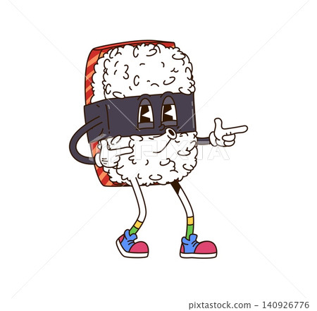 Groovy sushi character with funny face for Japanese food emoji, cartoon vector. Groovy sushi character with salmon fish, rice and nori, with funky face whistling in good vibes and Y2K hipster shoes Groovy sushi character with funny face for Japanese food emoji, cartoon vector. Groovy sushi character with salmon fish, rice and nori, with funky face whistling in good vibes and Y2K hipster shoes 140926776